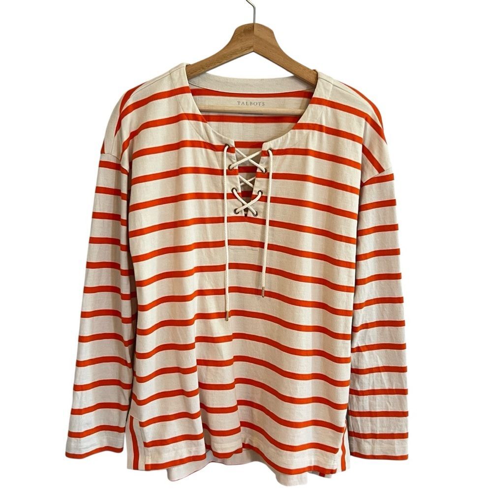 Talbots Womens Nautical Lace Up Striped Top Size M Long Sleeve Preppy Coastal